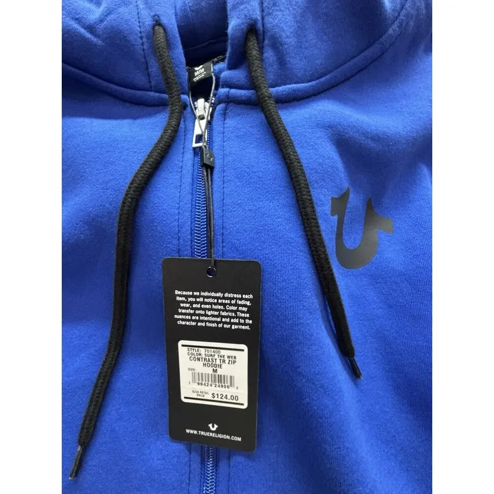 NWT True Religion Contrast Logo Full Zip Hoodie Pacific Royal Blue Men M $124